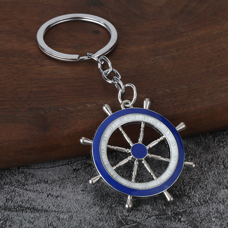 Nautical Anchor and Ship Wheel Metal Keychain with Blue White Charms