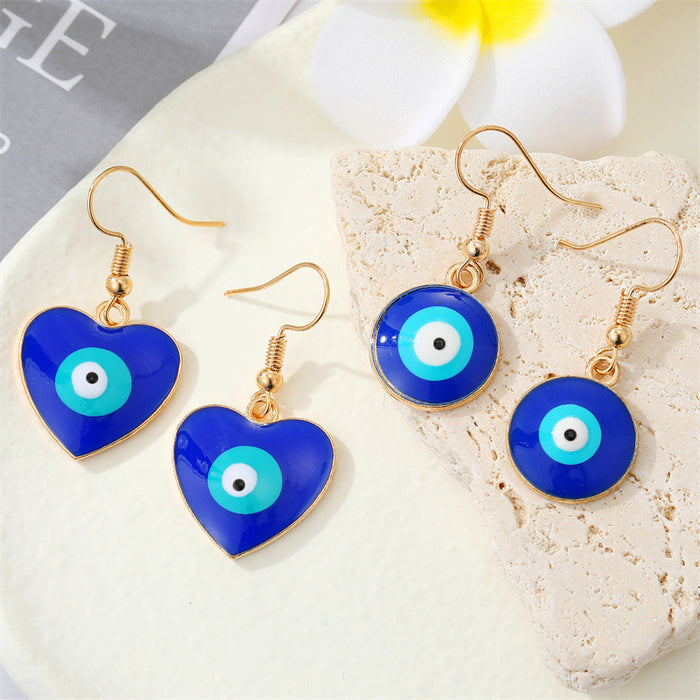 Gold Tone Blue Evil Eye Hook Earrings in Heart and Round Shapes