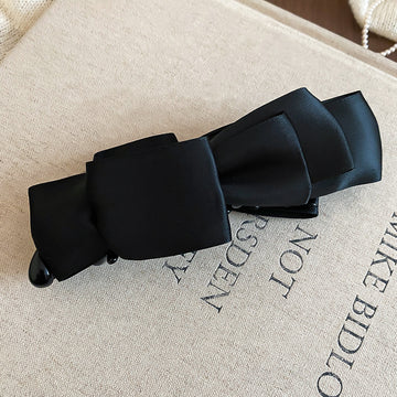 Black Satin Double Bow Twist Hair Clip Glossy Bead Ends