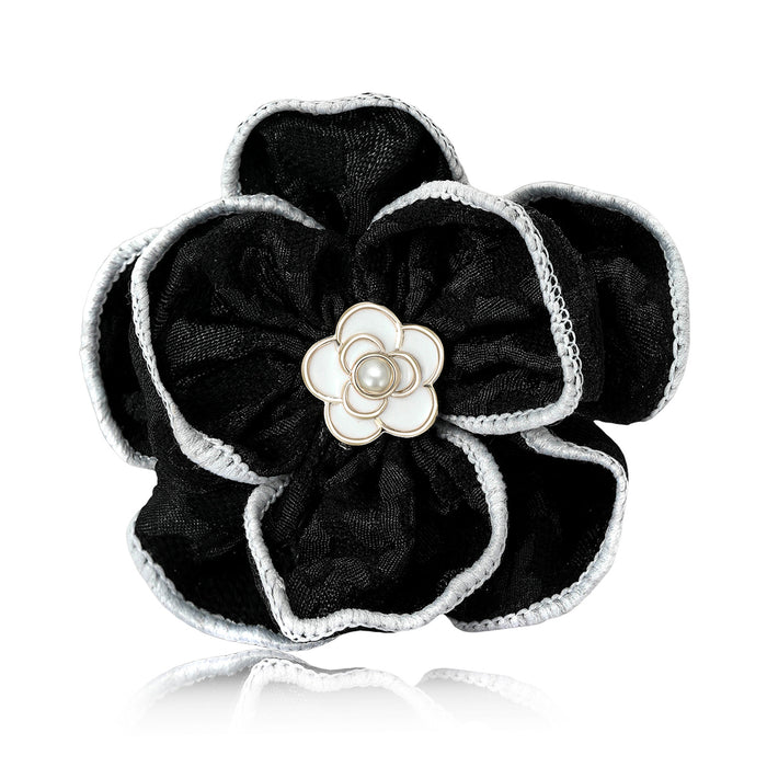 Large Fabric Camellia Brooch in Black or Ivory White