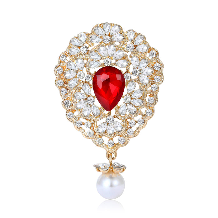 Floral Oval Crystal Brooch With Teardrop Center and Pearl Drop