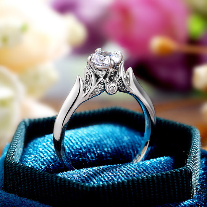 Silver-Tone Four-Prong CZ Leaf Shoulder Ring in Brass, Five Sizes