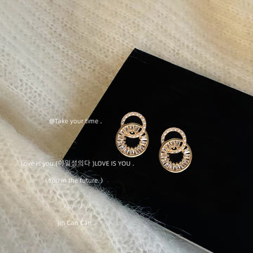 Gold Double Circle Interlock Stud Earrings Baguette Zircon