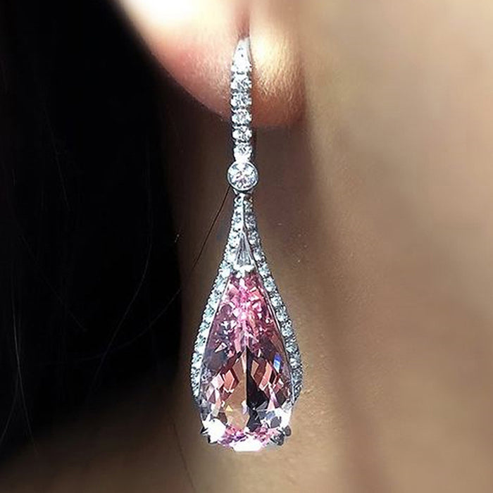 Pink Teardrop Crystal Long Drop Earrings in Silver Tone
