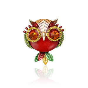 Round Crystal Owl Brooch in Red and Blue Colorways