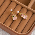 Pink Gourd Green Leaf Pearl Look Dangle Stud Earrings view 2
