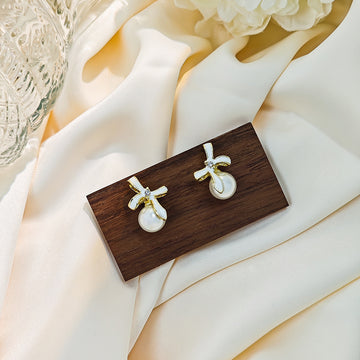 Gold White Enamel Bow Pearl Drop Stud Earrings Pair