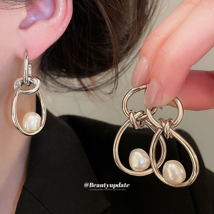 Abstract Hoop Pearl Drop Earrings In Two Metal Tones