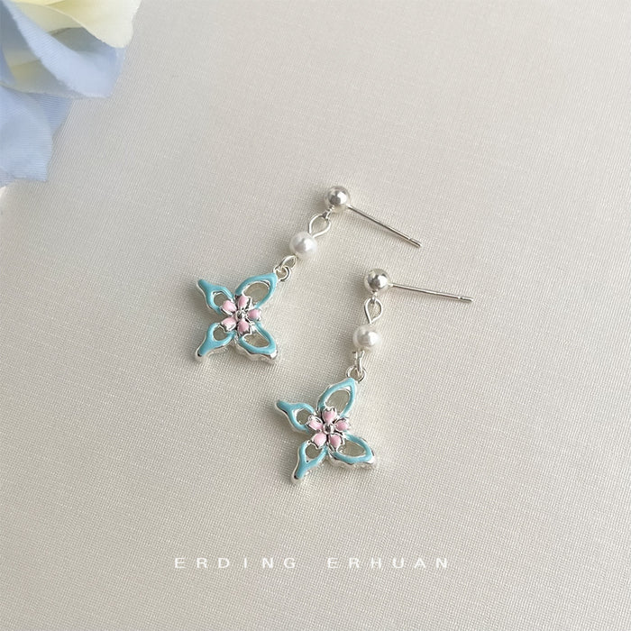 Lavender Enamel Butterfly Pearl Drop Stud Earrings
