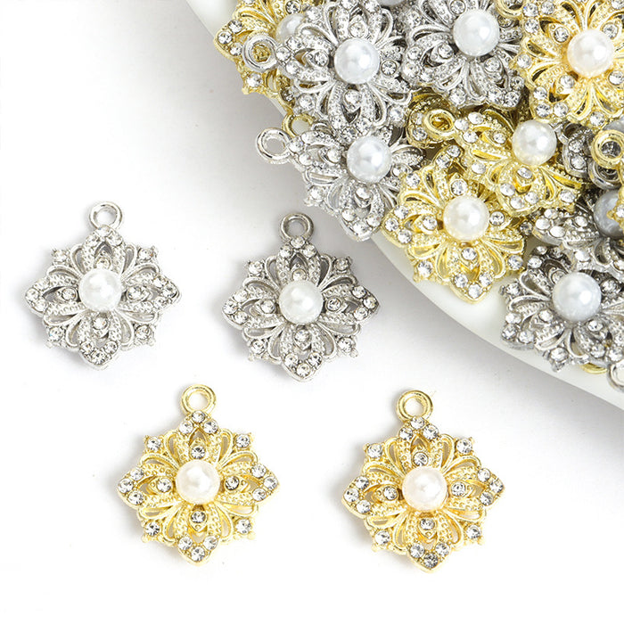 Pearl Rhinestone Flower Charms in Gold and Silver Tones