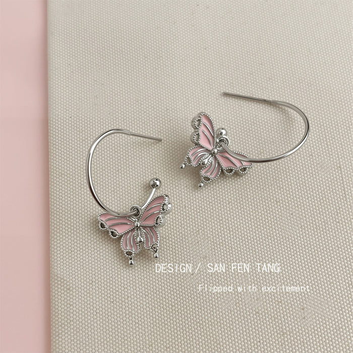 Silver Tone Pink Butterfly Hook Earrings For Women
