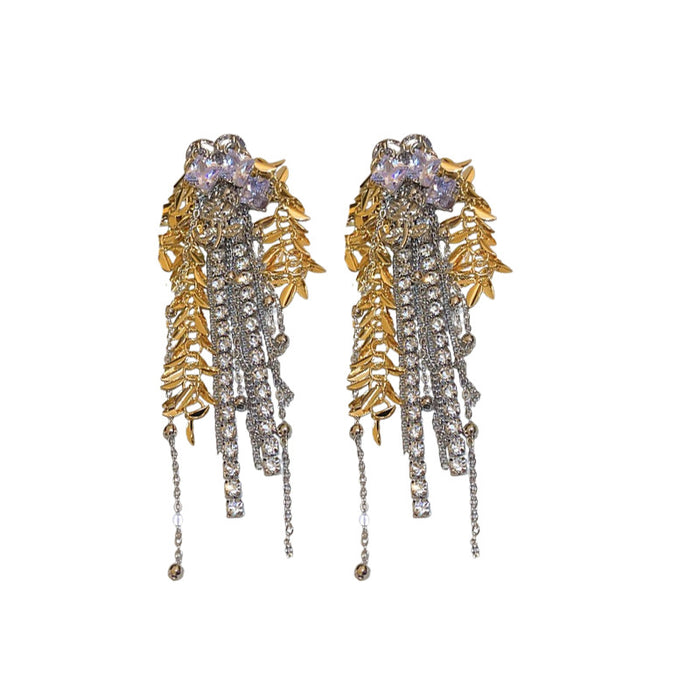 Mixed Metal Wheat and Crystal Fringe Stud Earrings
