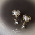 Gold Heart Pearl Frame Clear Teardrop Drop Earrings view 4