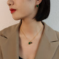 Green Black Agate Pendant Necklace Asymmetric Stud Earrings view 1