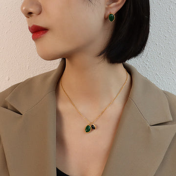 Green Black Agate Pendant Necklace Asymmetric Stud Earrings