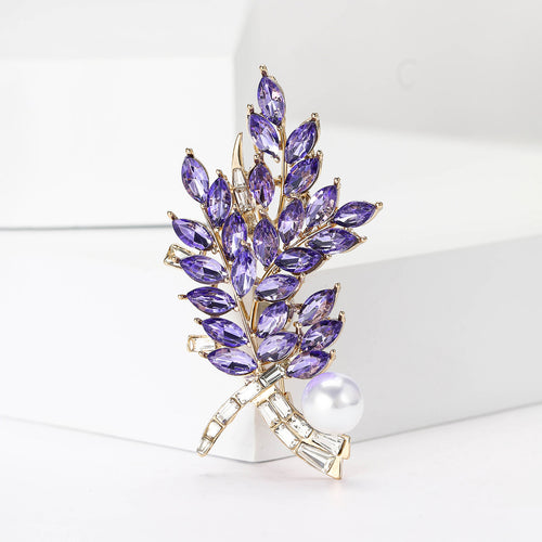 Purple marquise rhinestone wheat ear brooch with pearl on white stand