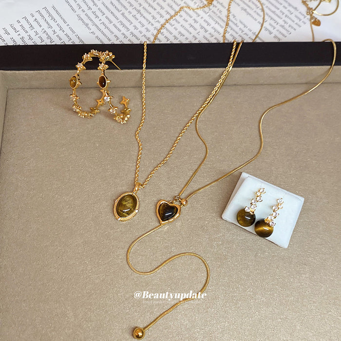 Gold Tiger Eye Star Hoops And Drop Stud Earrings Pair