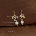 Gold Openwork Rose Drop Earrings White Baroque Pearl Ends view 3