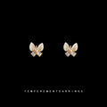Beige Cat-Eye Glass Butterfly Stud Earrings Gold CZ Accents view 3