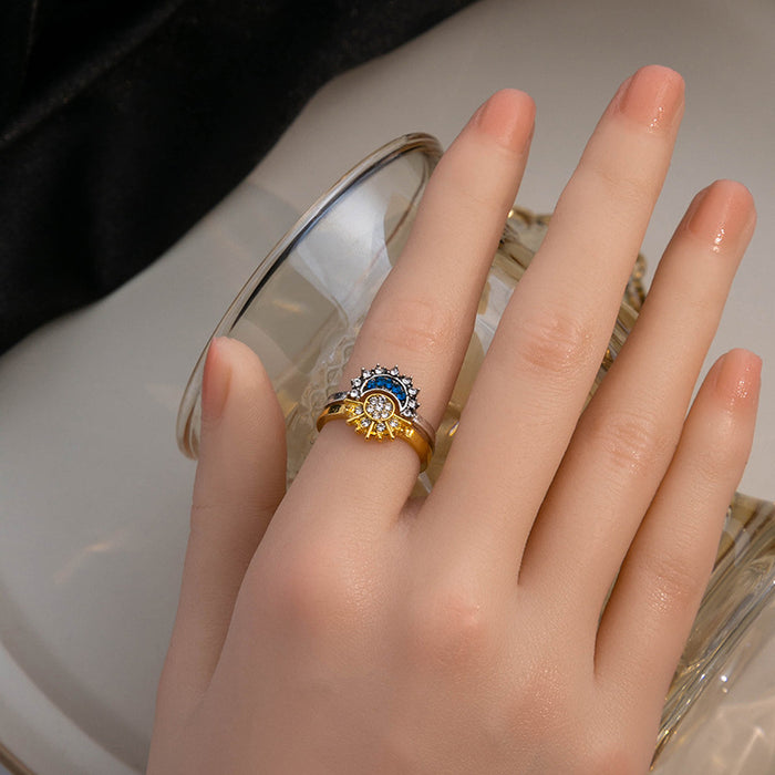 Sun Moon Open Stack Rings Gold Silver Rhinestone Set