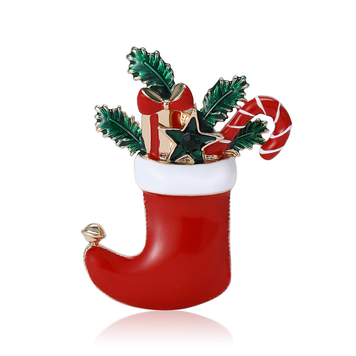 Christmas Stocking Brooch with Polished Metal and Decorative Accents