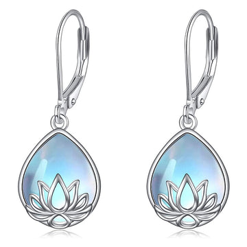 Silver Tone Lotus Teardrop Moonstone-Look Leverback Earrings
