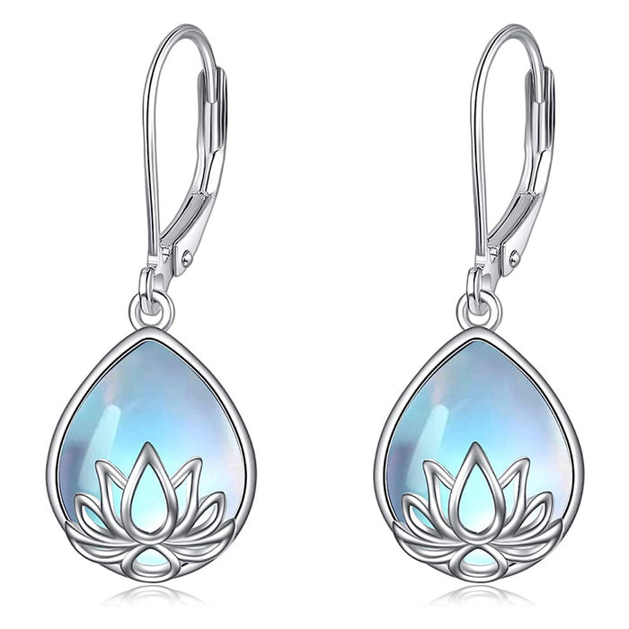 Silver Tone Lotus Teardrop Moonstone-Look Leverback Earrings
