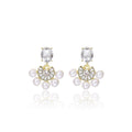 Gold Oval Crystal Stud Earrings with Pearl Fan Drops view 5
