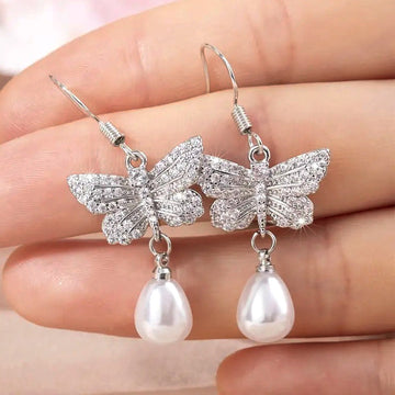 Silver Tone Butterfly Pearl Drop Hook Earrings Fashion Jewelry