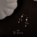 Gold Tone White Pearl Delicate Branch Leaf Flower Bud Drop Stud Earrings view 3