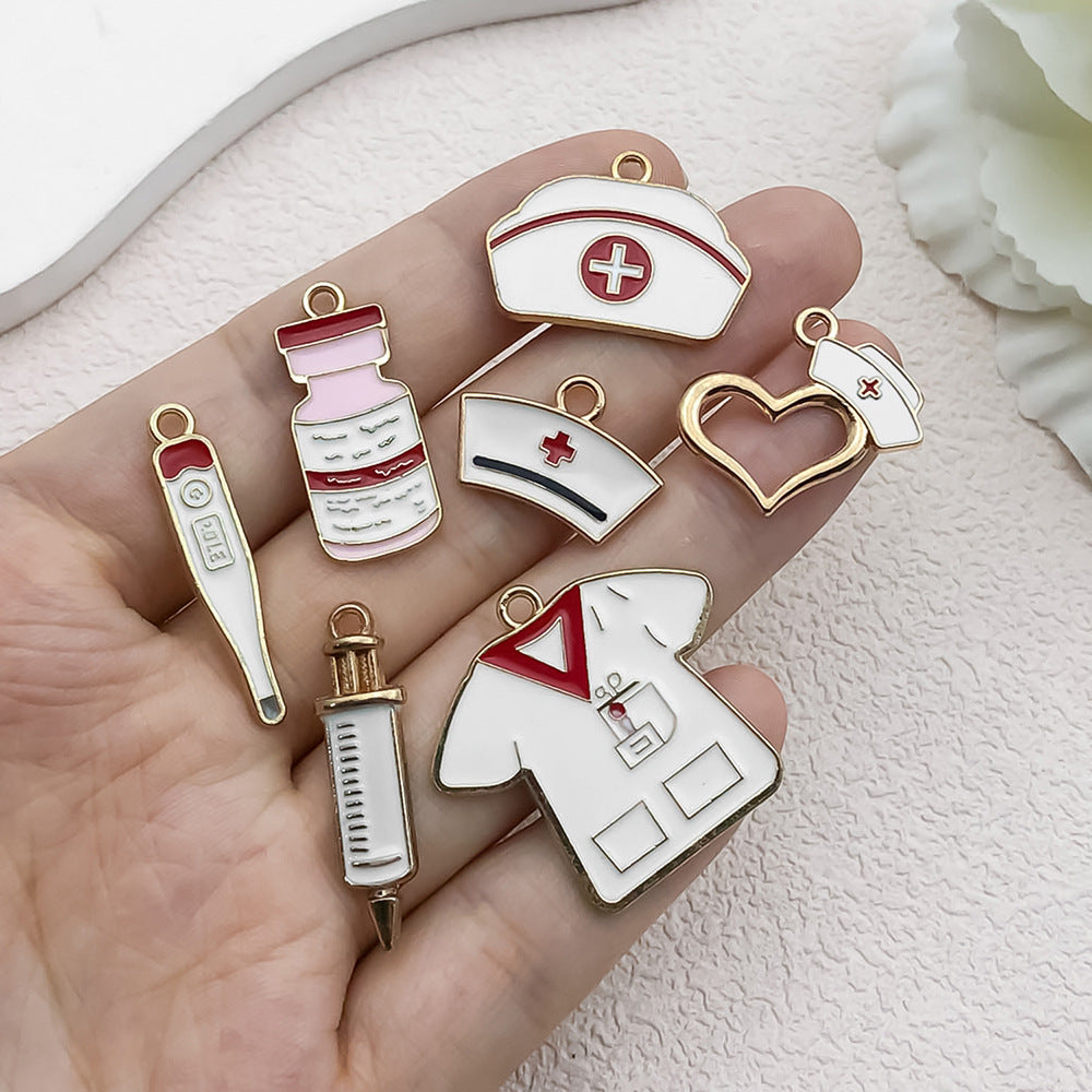 Enamel Zinc Alloy Nurse Hat Medicine Bottle Thermometer Syringe Nurse Cap Charm Pendants for DIY Jewelry