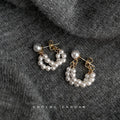 Gold Tone Double Row White Pearl Curved Drop Stud Earrings For Women view 1