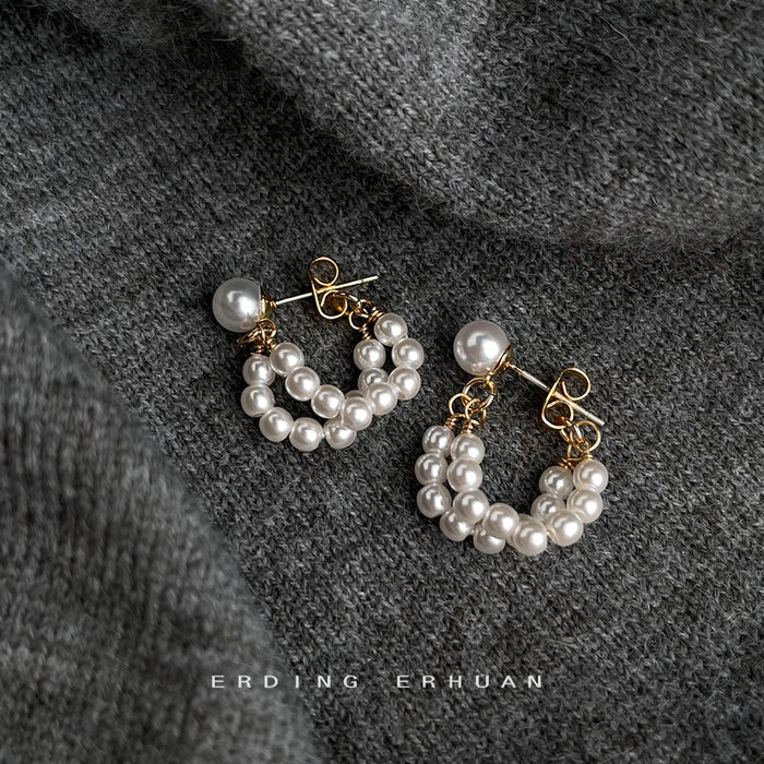 Gold Tone Double Row White Pearl Curved Drop Stud Earrings For Women