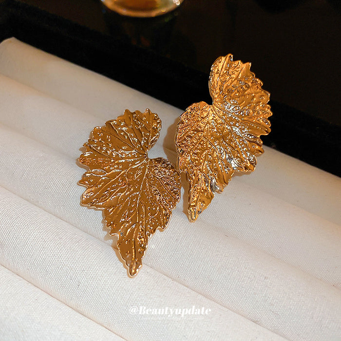 Gold-Tone Textured Leaf Statement Earrings, Electroplated Metal