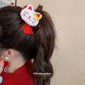White Plush Maneki Cat Scrunchie Red Pom and Tassel view 3