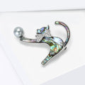 Abalone Shell Cat Brooch with Round Faux Pearl Drop view 3