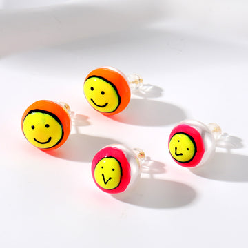 Bright Smile Face Stud Earrings with Pearl Look Backs