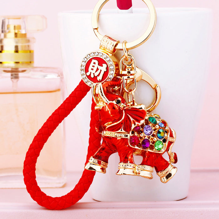 Jeweled Lucky Elephant Keychains in Red Gold and Blue with Braided Loops