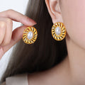 Gold Oval Swirl Stud Earrings Pearl Center Crystal Accents view 1