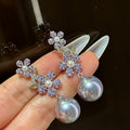 Purple Crystal Flower and Pearl Drop Earrings Fashion Jewelry view 7