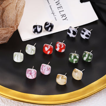 Seven Color Rounded Square Abstract Pattern Stud Earrings