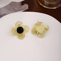 Black Round Center Gold Wire Flower Statement Stud Earrings view 4