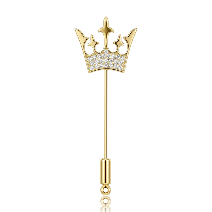 Crown Stick Pin Brooch in Detailed Metal and Crystal Design