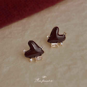 Burgundy Enamel Heart Crystal Accent Stud Earrings Pair