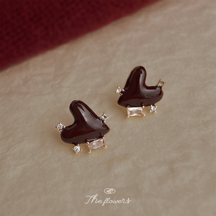 Burgundy Enamel Heart Crystal Accent Stud Earrings Pair