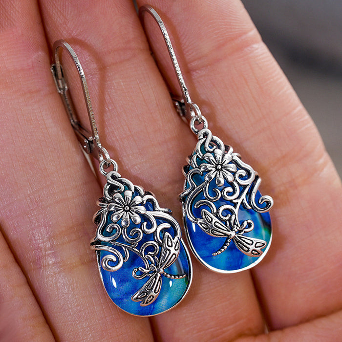 Antique Silver Teardrop Dragonfly Flower Blue Drop Earrings