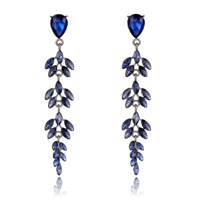 Blue Silver Tone Wheat Crystal Four Designs Metal Dangle Earrings