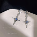 Silver Crescent Moon Drop Earrings Star Blue Cabochon view 1