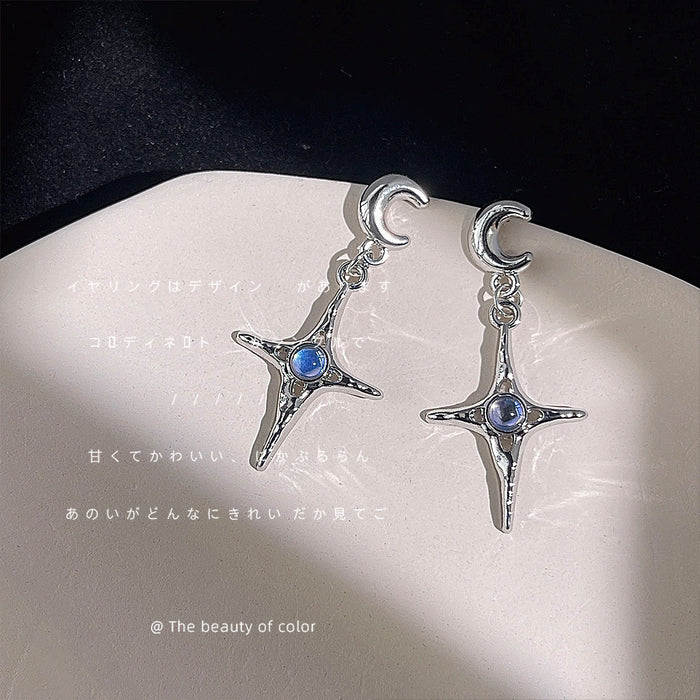 Silver Crescent Moon Drop Earrings Star Blue Cabochon