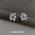 Silver Tone Clear Star And Gray Pearl Cluster Stud Earrings view 1